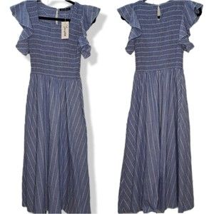 SIMPLEE New With Tags Women's Striped Linen Long Dress Elegant Ruffle Cap Sleeve